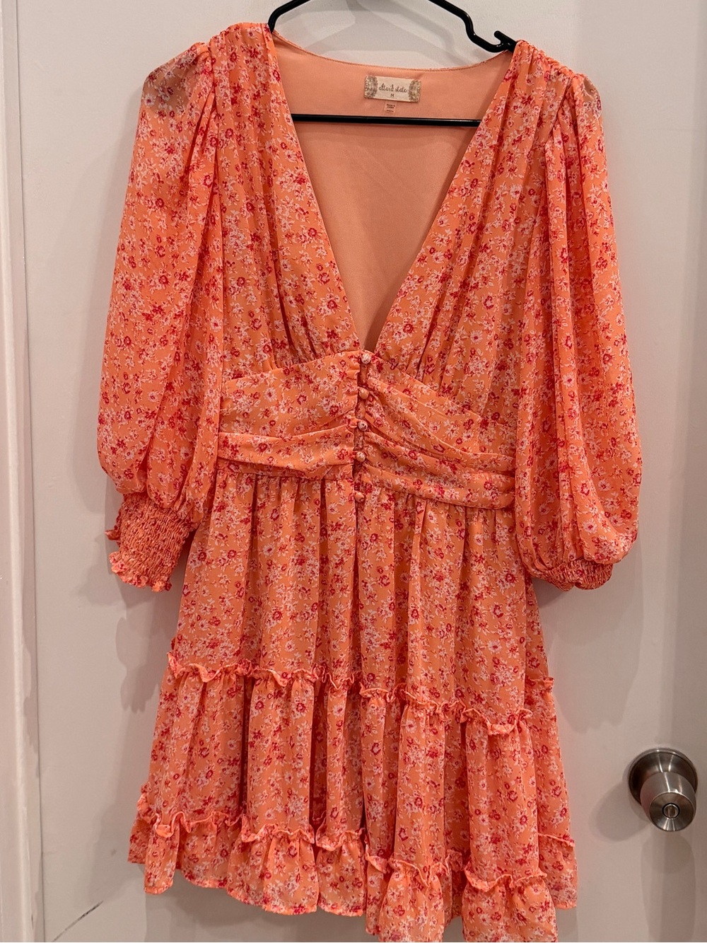 Altar'd State Peach Floral Long Sleeve Ruffle Tiered Mini Dress Size M Boho